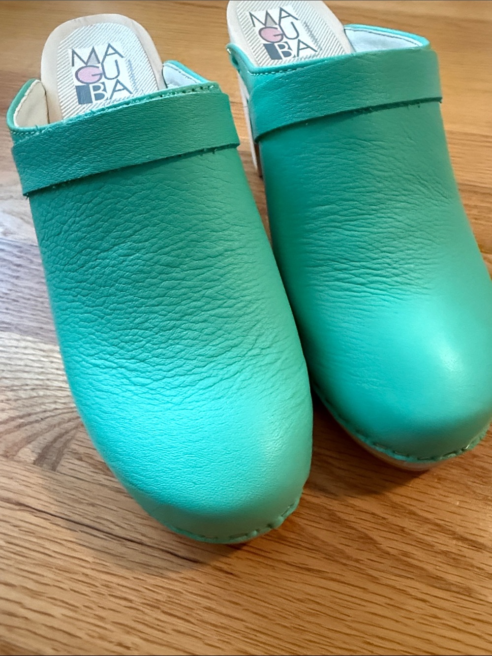 Mint green/aqua Maguba Leather Clog Heels, new size 40 - Picture 8 of 8